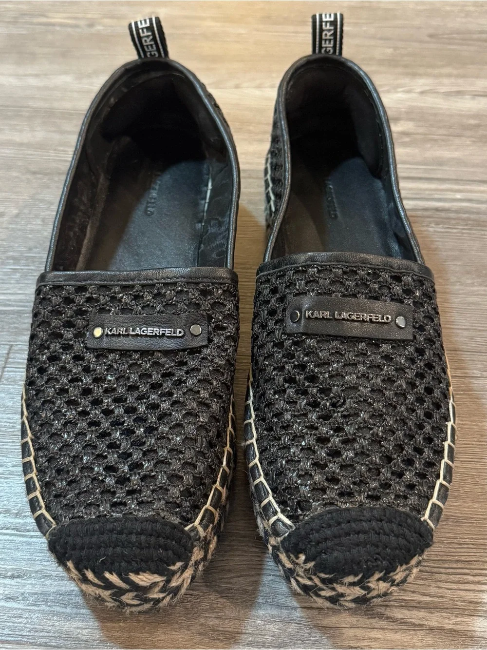 Karl Lagerfeld Paris Black Crochet Espadrille Flats Women’s Size 7.5